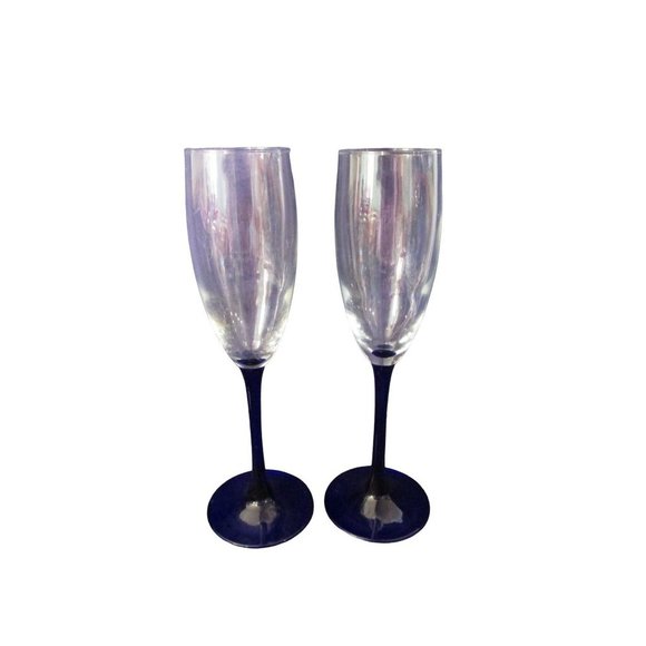 Cristal D'Arques Neptune Champagne Glass A Pair Cobalt Blue Stem Retired EUC - Picture 3 of 12